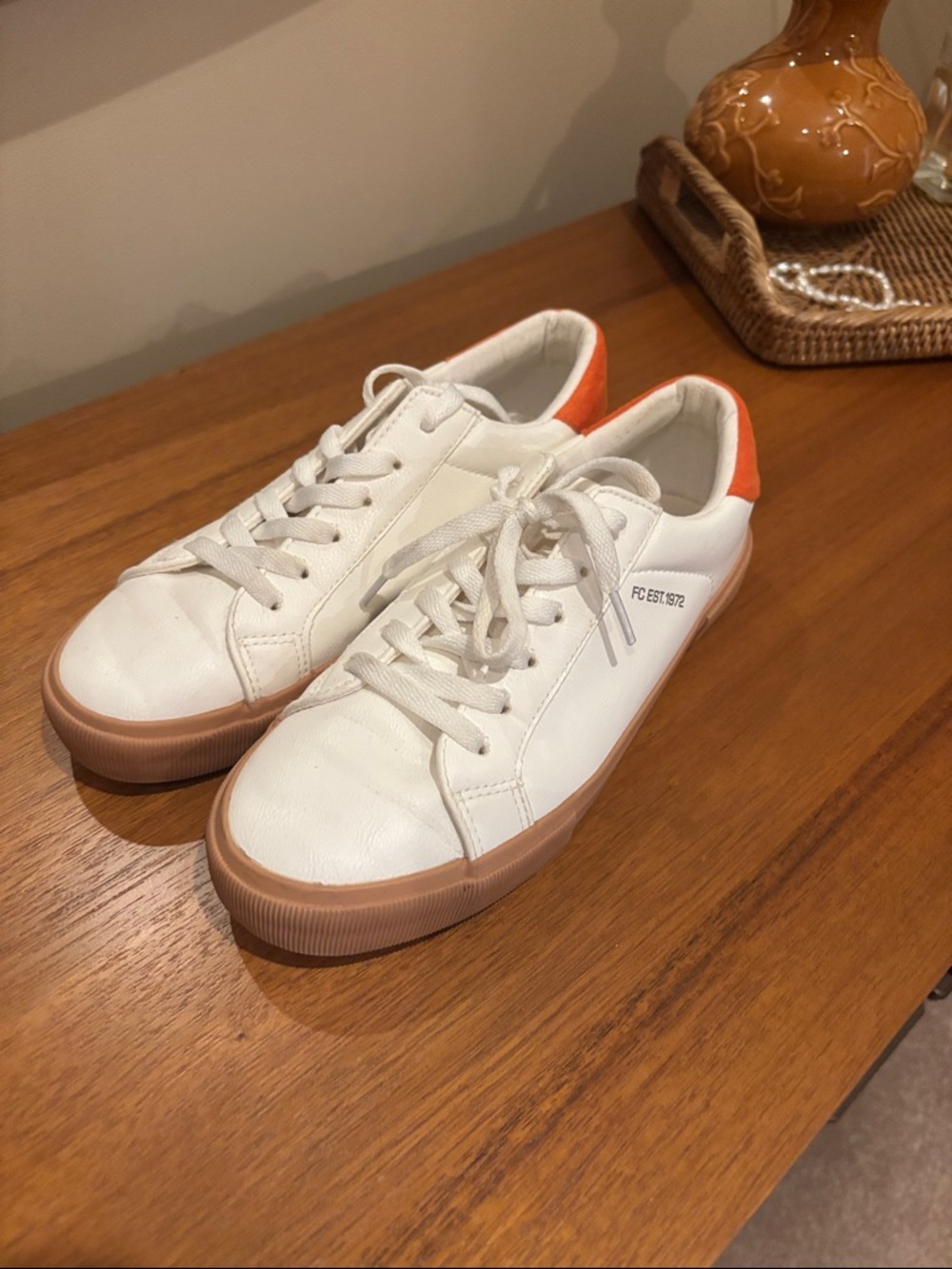 French Connection White Sneakers with Orange Heel Panels